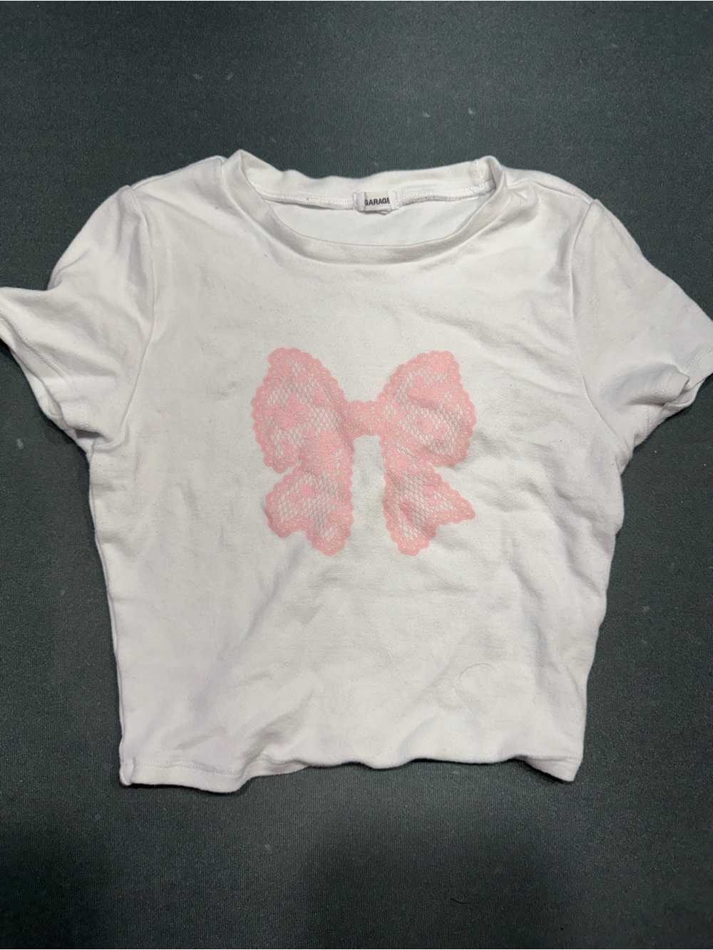 Garage S White Tee with Pink Lace Bow Graphic